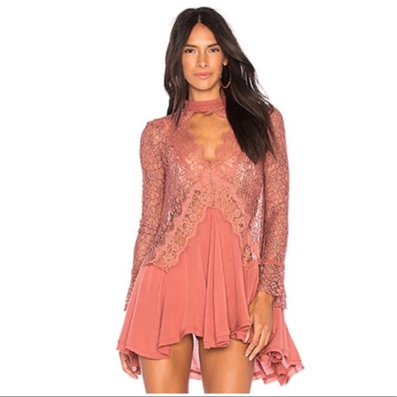 💗 Free People Pink Dusty Rose Tell Tale Lace Mini Dress Tunic - Picture 1 of 5